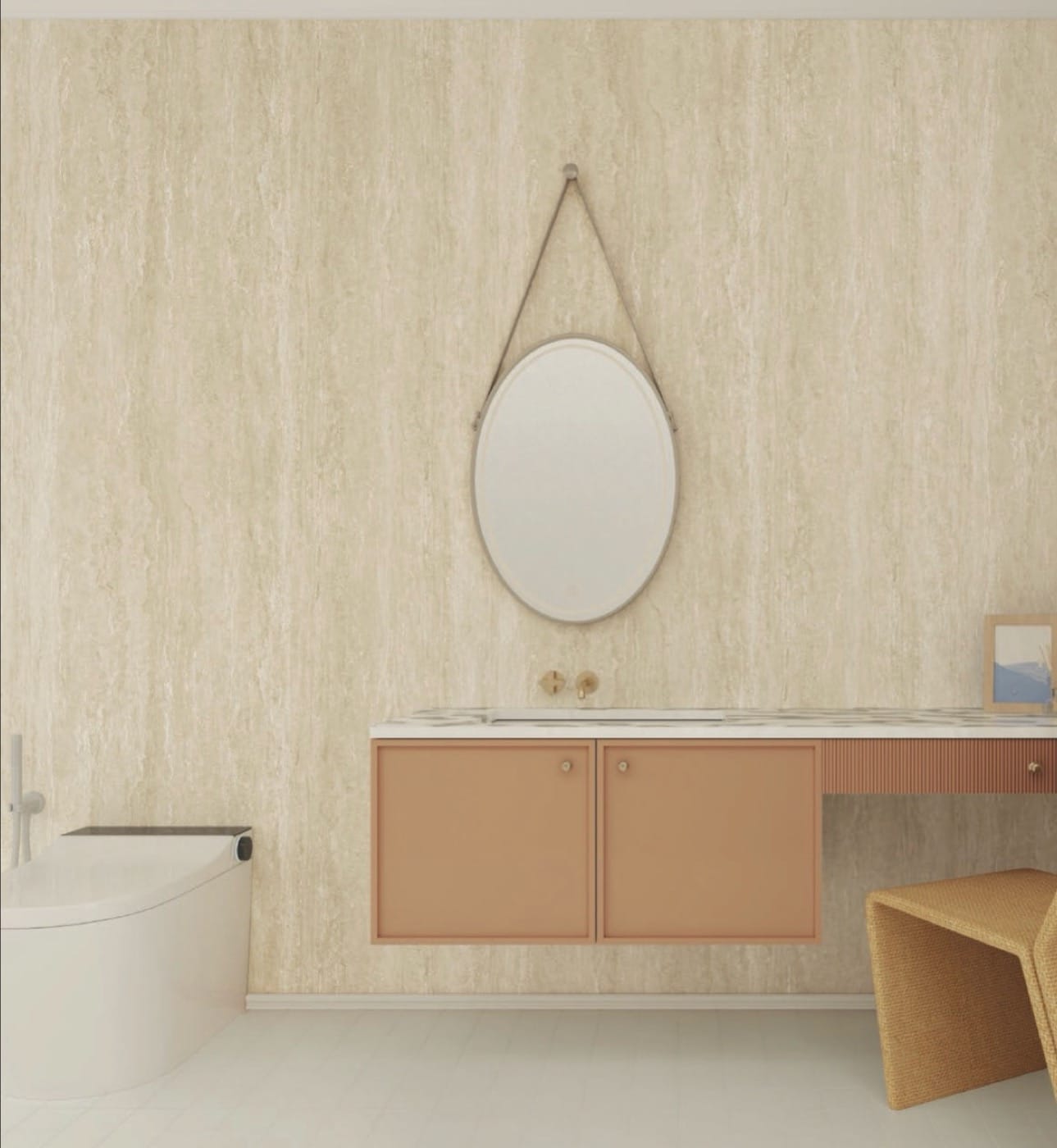 Travertin kőhatású PVC falpanel nappali tv-falán