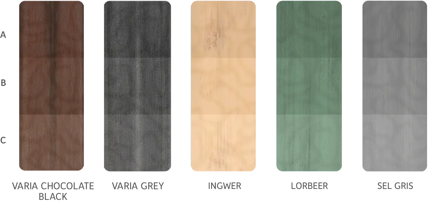DELTA színek: varia grey, varia chocolate black, ingwer, sel gris, lorbeer