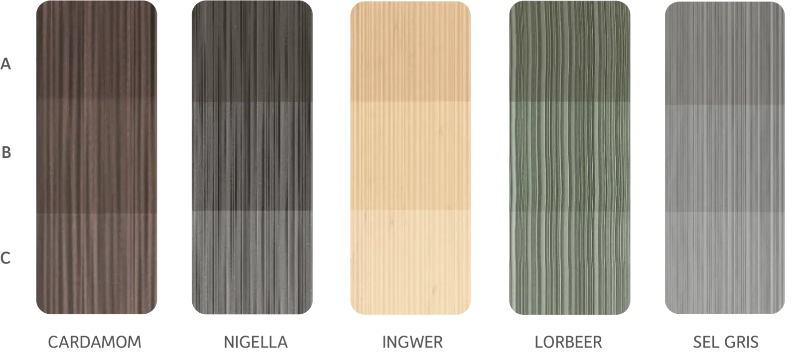 DYNUM színek: cardamom, nigella, ingwer, sel gris, lorbeer